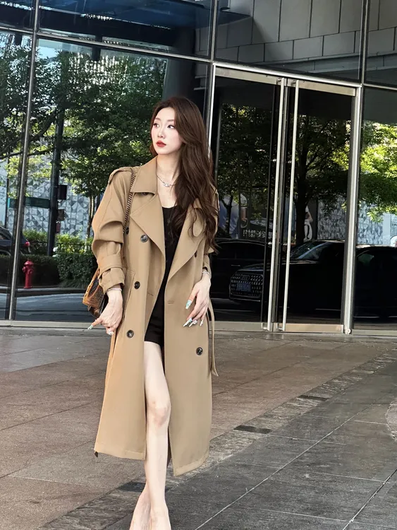 中长款女长款长袖英伦风韩版风衣显瘦秋季度假风法式过膝双排扣32