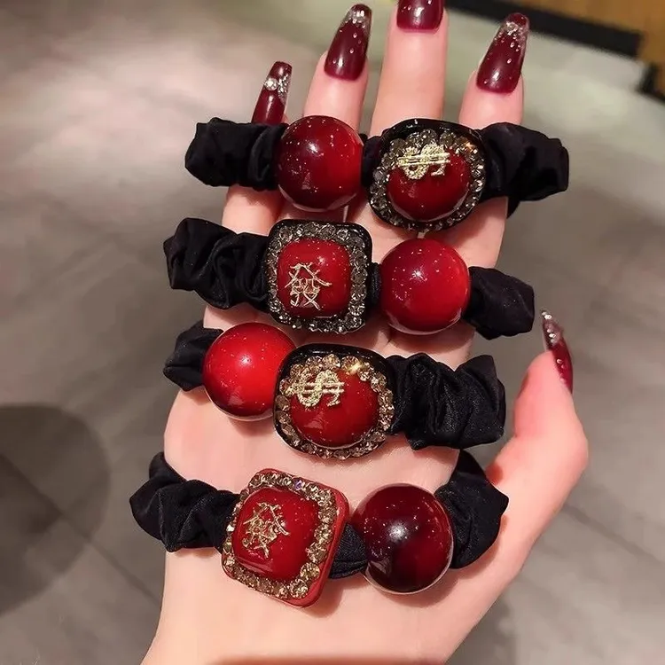 轻奢爆款2025新年款发财方块发圈皮筋头绳扎头发女红色本命年发饰