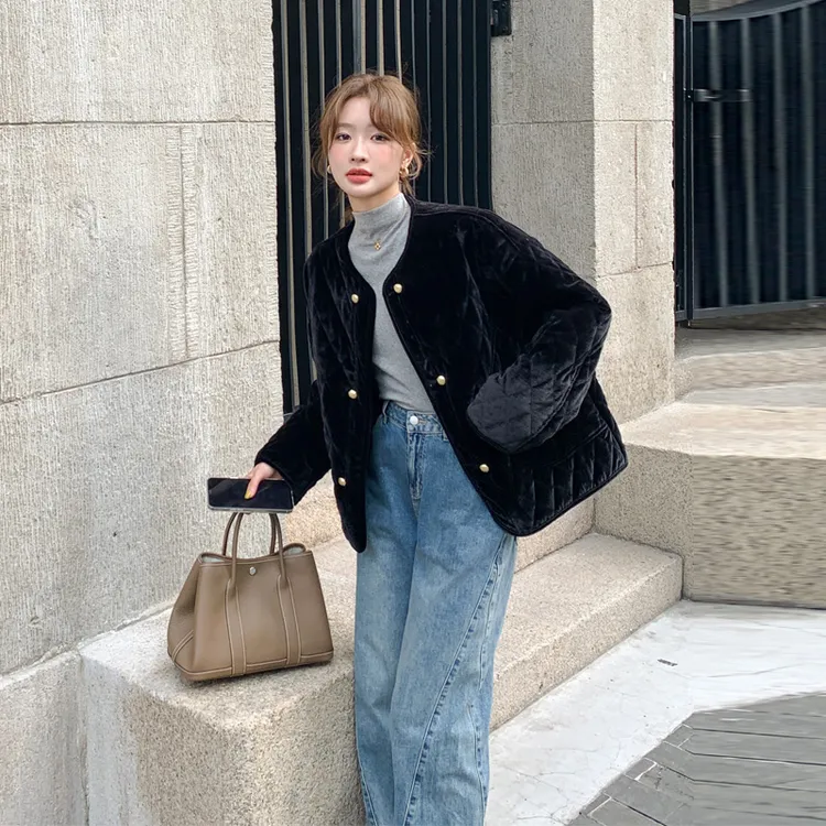 丝绒绗线棉服外套女2025冬季新款高级感气质韩系穿搭轻薄保暖棉衣