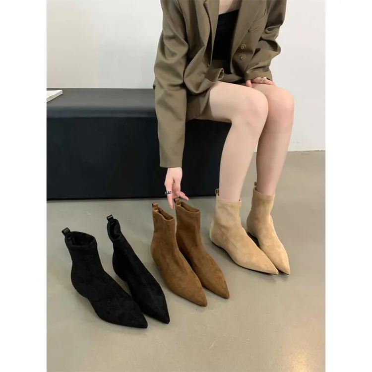 啄木鸟内增高欧美2025秋冬新款简约磨砂绒面袜靴气质尖头短靴女