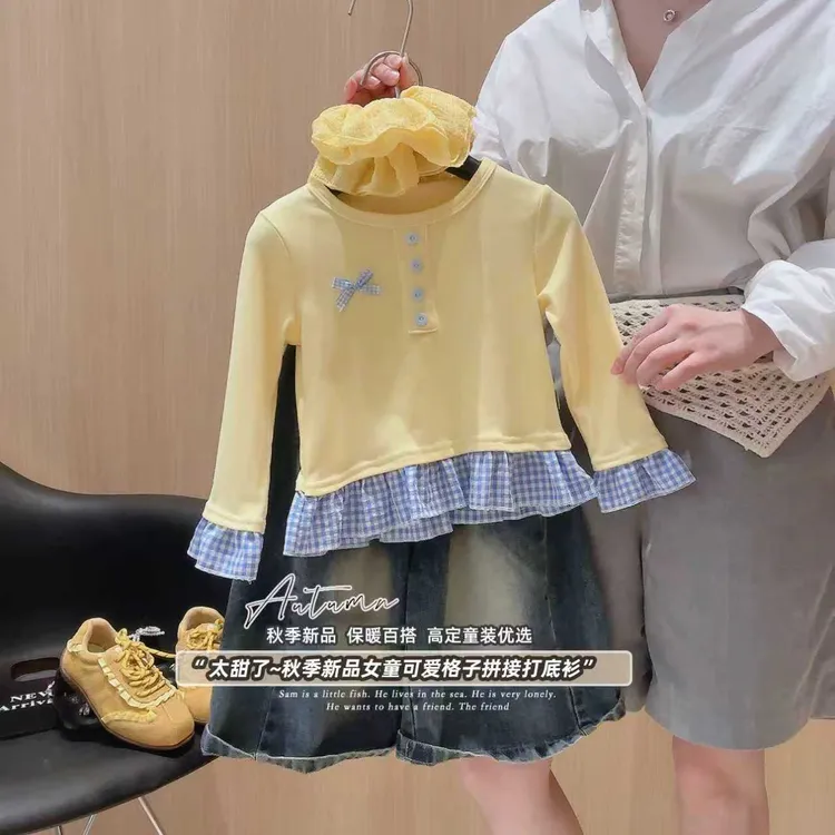 【多巴胺】格子拼接格子假两件打底衫 长袖T恤女童休闲百搭上衣
