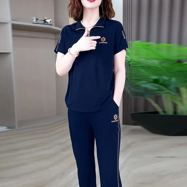 中年妈妈夏季新款时尚休闲运动套装中老年女遮肉显瘦减龄两件套装