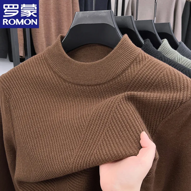 罗蒙高档加厚提花圆领套头针织衫秋冬季男士保暖舒适打底衫毛衣