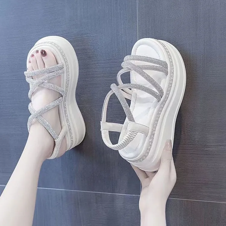 2025夏季新款厚底增高仙女风外穿水钻松糕坡跟罗马凉鞋女