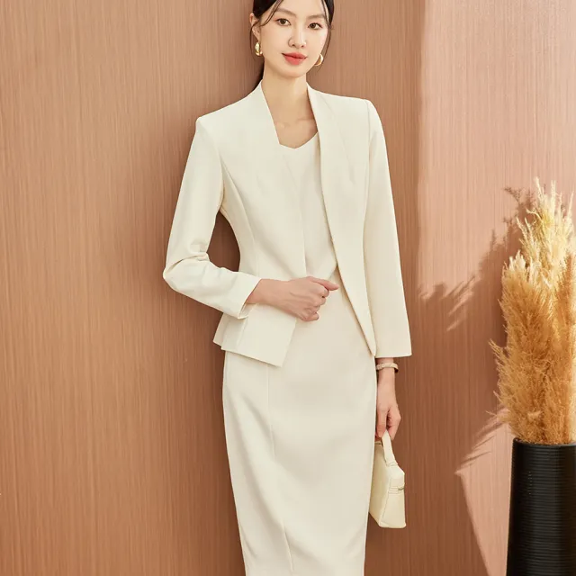 柏易兰白色职业套装女春秋西装裙子两件套面试商务正装上班工作服