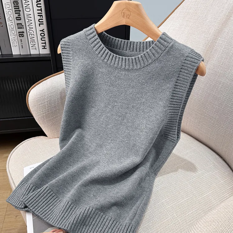 灰色针织衫背心女士秋冬圆领套头无袖坎肩毛衣可外穿马甲打底上衣
