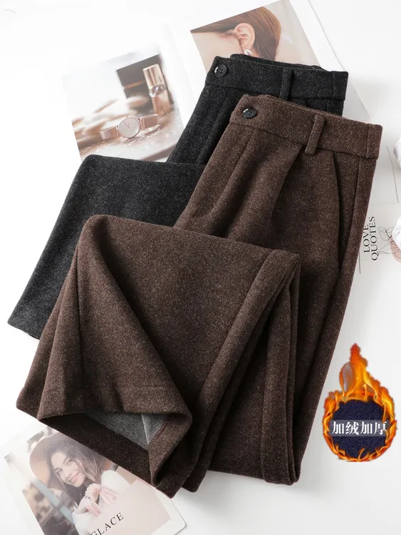 加绒保暖毛呢阔腿裤女秋冬高腰通勤显瘦修身垂感窄版休闲直筒裤