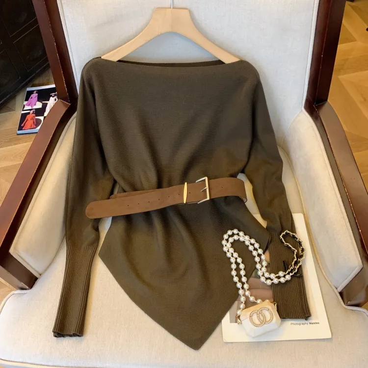 韩版配腰带不规则复古下摆斜肩针织衫女秋季修身显瘦内搭打底上衣
