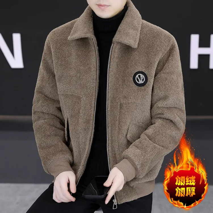 LEROLEHAR冬季男士毛呢大衣加绒加厚翻领拉链外套短款仿貂绒夹克