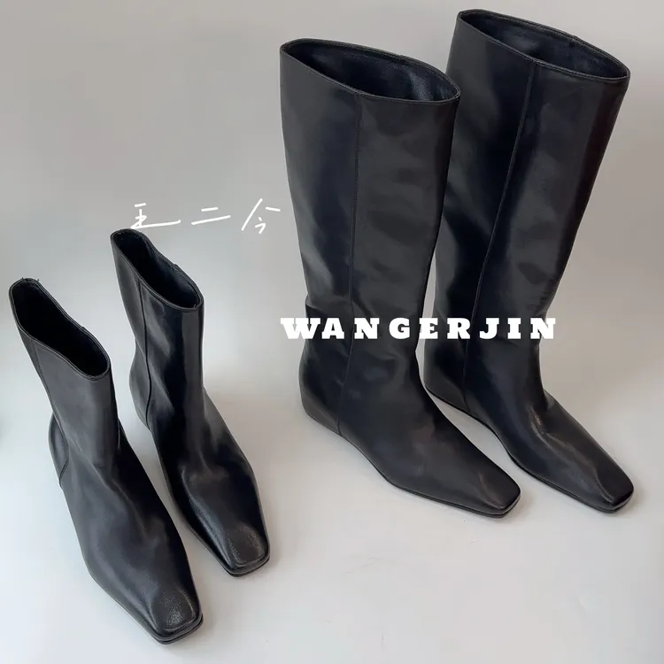 【王二今】牛皮/5CM/内增高方头极简不过膝长筒骑士靴中筒短靴