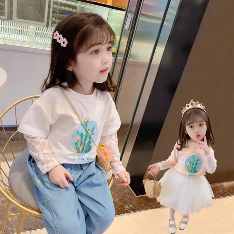 女童T恤防蚊假两件长袖春夏款中小童儿童上衣韩版洋气