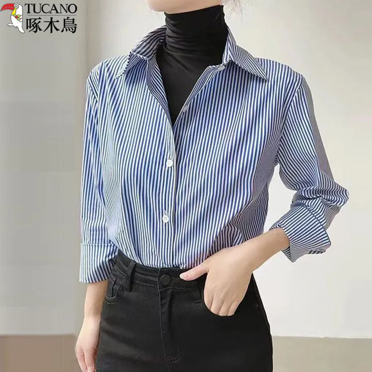 啄木鸟新款蓝色条纹衬衫女款春秋叠穿衬衣百搭宽松高冷酷飒女装