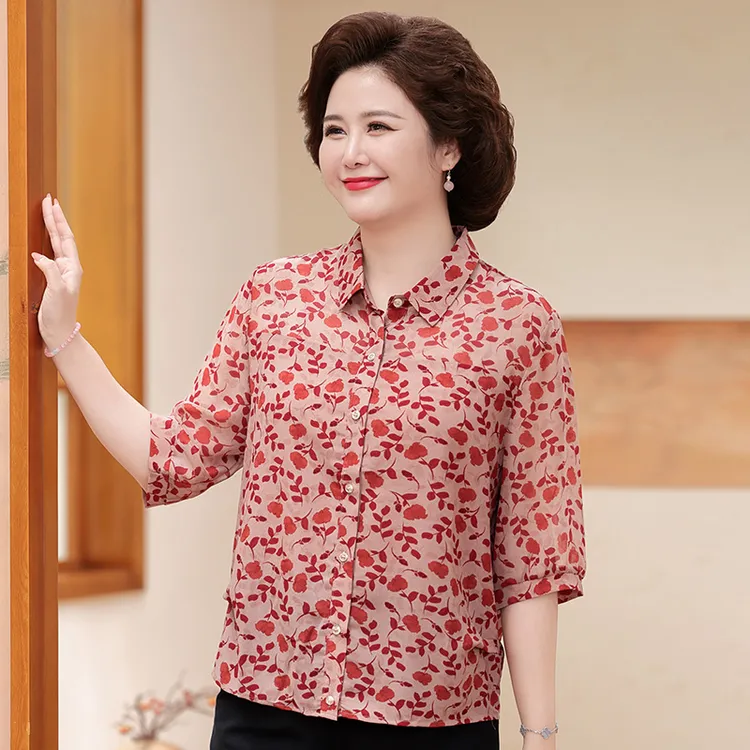 妈妈时尚宽松衬衣夏季新款女装短款小衫中袖薄款款中老年奶奶女装