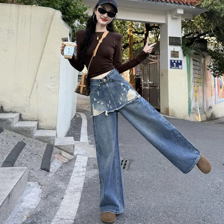 可拆卸磨破屁帘阔腿牛仔裤女秋季韩系水洗高腰宽松休闲直筒拖地裤