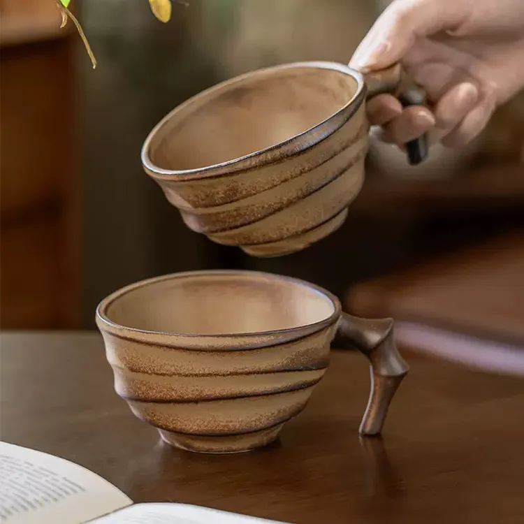 陶瓷复古粗陶窑变竹节马克杯咖啡杯拿铁拉花杯小众水杯中式咖啡杯