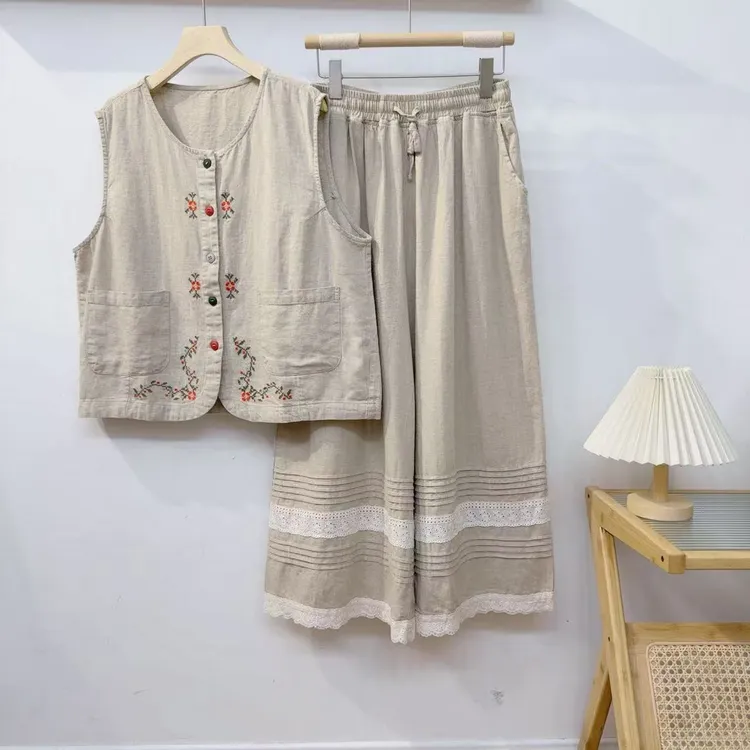 MANXMAN【悠闲派】新款纯色棉麻裙裤拼接松紧腰百搭显瘦宽腿裙裤女