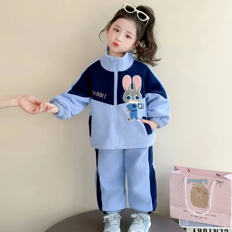 女童加绒套装秋冬款2025新款儿童休闲开衫运动两件套女孩加厚冬装