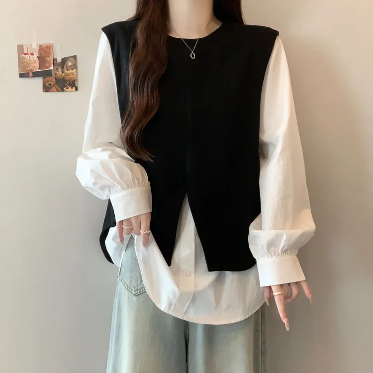 大码法式假两件马甲拼接长袖衬衫女春秋胖MM宽松显瘦百搭洋气上衣