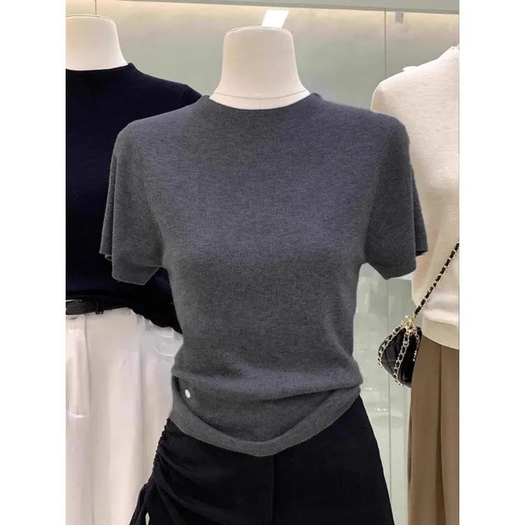 早秋韩系小半高领短袖t恤针织衫打底衫女内搭新款修身叠穿上衣潮