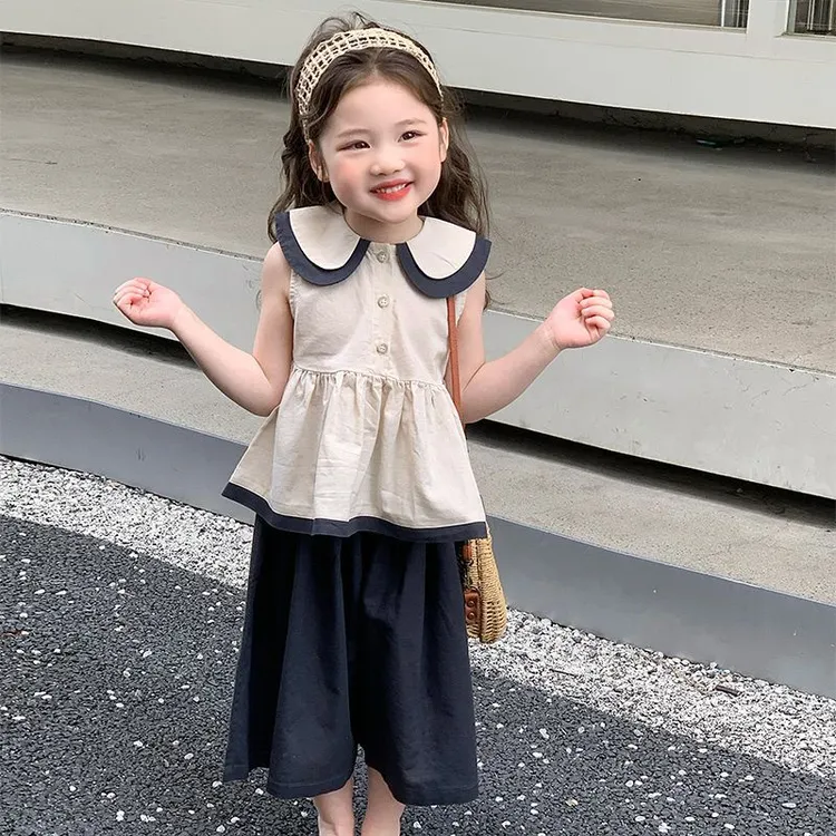女童夏装套装2025新款韩系时髦儿童无袖娃娃衫女宝宝阔腿裤两件套