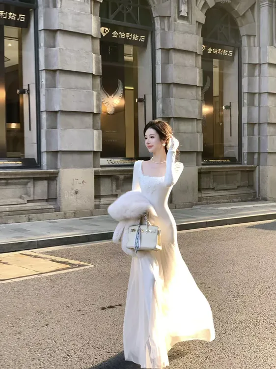 【雅乔定制】翩翩起舞 钉珠花朵针织网纱长袖连衣裙DYYY-250851103