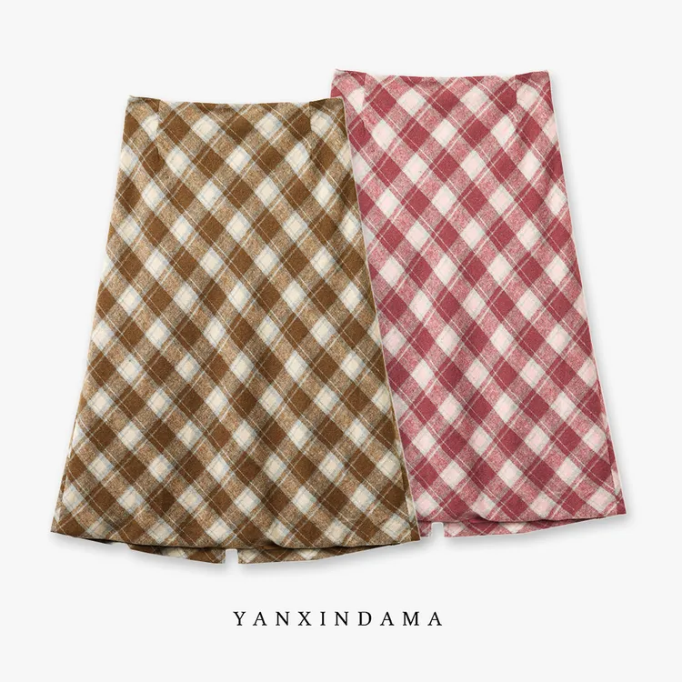 大码女装300斤胖MM复古优雅棕色格纹毛呢半身裙10171