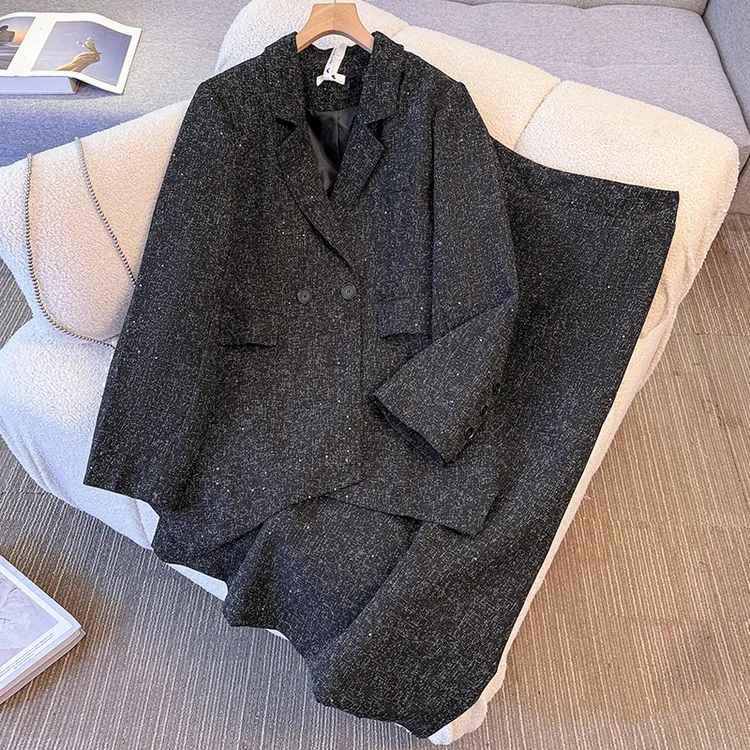 【30033】130-350斤大码女装胖mm秋冬款不规则西装外套半身裙两件套