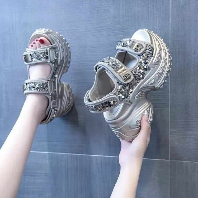 厚底增高7CM银色凉鞋女新款夏季外穿夏天时尚高级感百搭松糕凉鞋