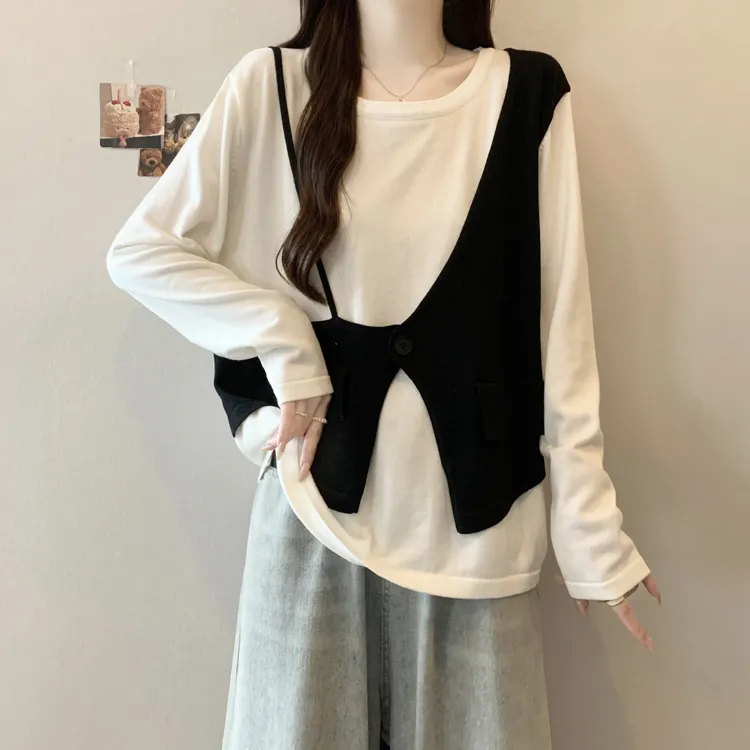 大码女装遮肚子拼色马甲假两件长袖打底衫春秋胖妹妹显瘦针织上衣
