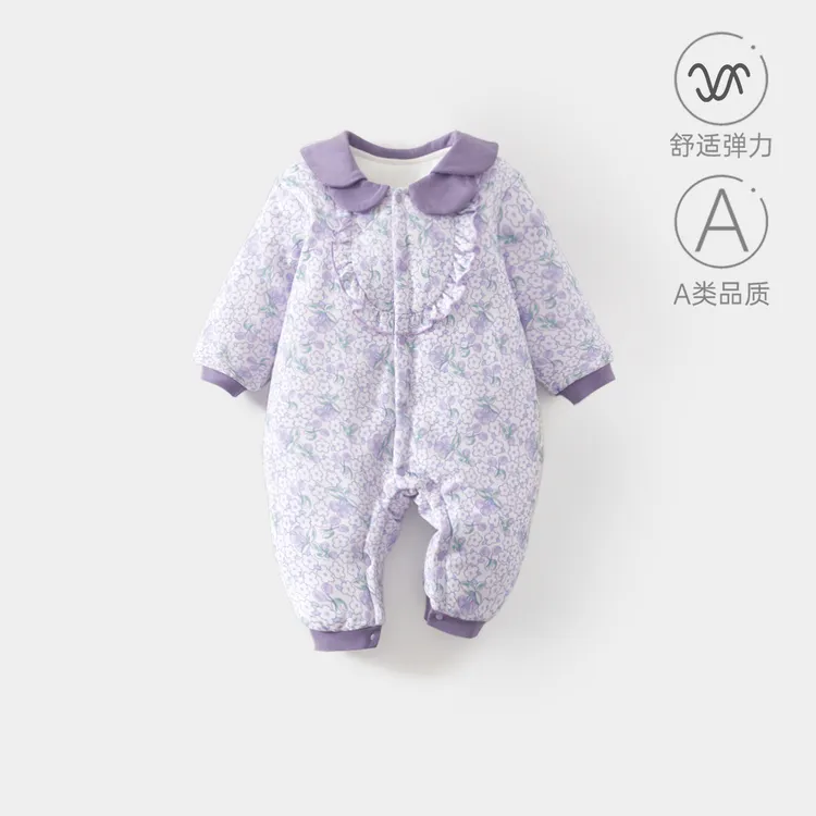 新生婴儿夹棉连体衣加厚女宝宝加棉公主风中国风爬服哈衣外出棉服