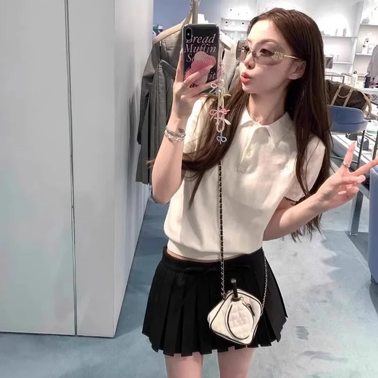 白色翻领刺绣针织短袖t恤女夏季polo衫高腰修身短款收腰冰丝上衣