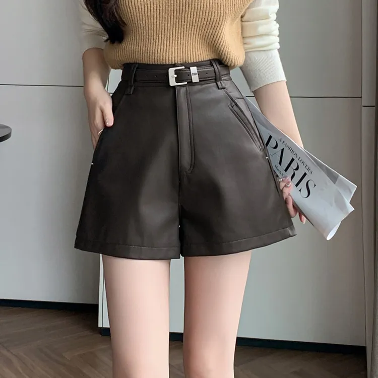 pu皮高腰短裤子外穿靴裤秋冬季2025新款女显瘦小个子时尚阔腿裤潮