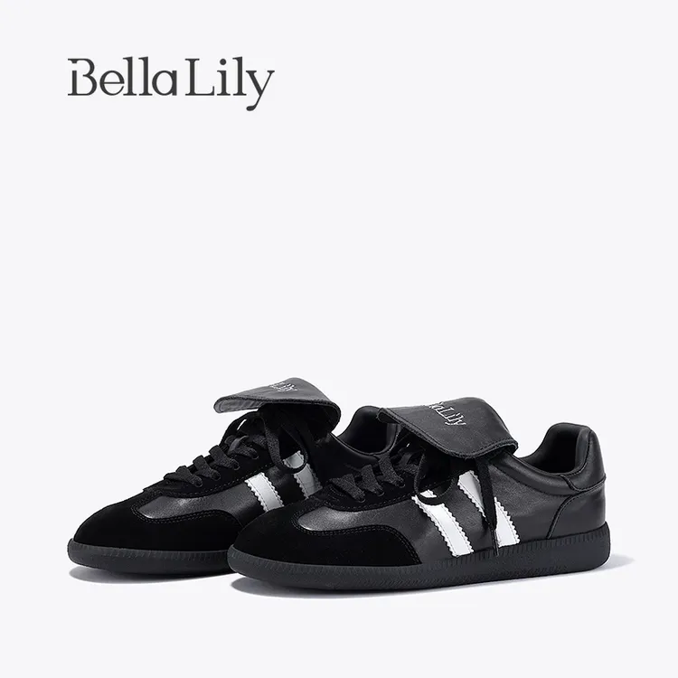 BellaLily复古百搭黑色牛皮德训鞋女透气低帮板鞋经典平底鞋