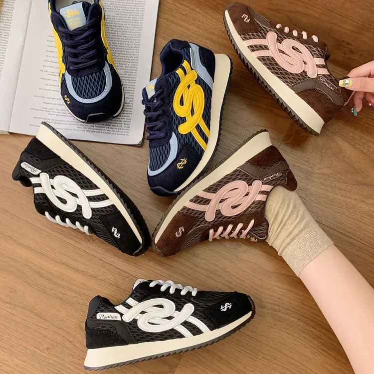 616-06大码女鞋休闲运动鞋时尚百搭透气网面系带外穿女运动单鞋