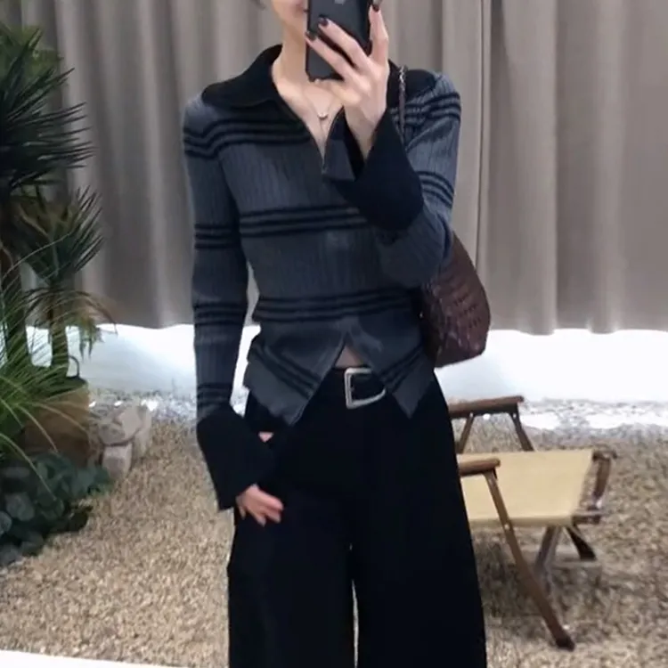 法式高翻领时尚针织开衫女拼色修身毛衣外穿显瘦上衣打底拉链上衣