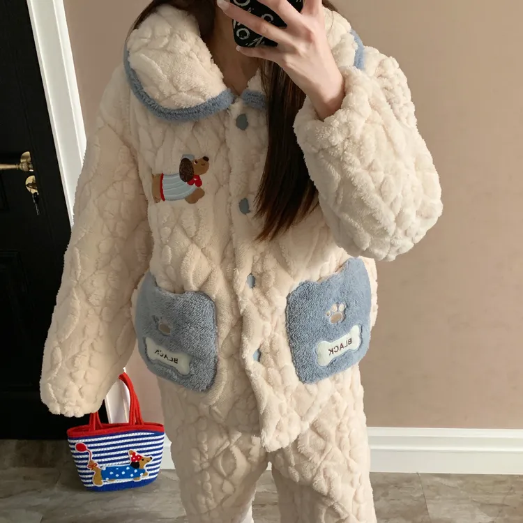 睡衣女秋冬季珊瑚绒三层夹棉大码加厚法兰绒小狗套装可外穿家居服