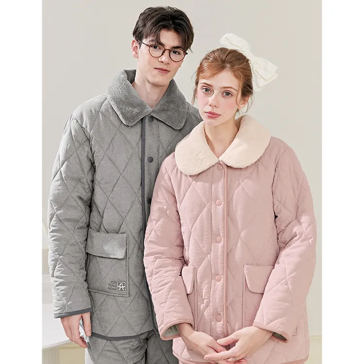 芬腾睡衣情侣冬季翻领开衫加绒加厚女冬天夹棉保暖男款家居服套装