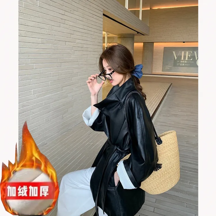 厚款秋季长袖拼接系带绑带皮衣网红上衣城市机能风加绒加厚