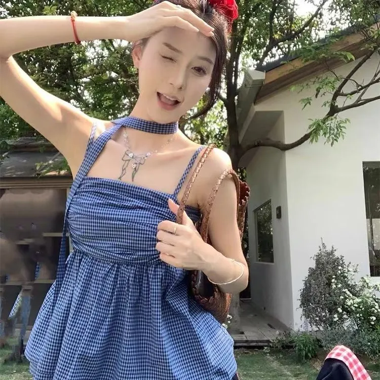 辣妹时尚吊带背心女夏季新款无袖挂脖T恤抹胸设计感显瘦纯欲上衣