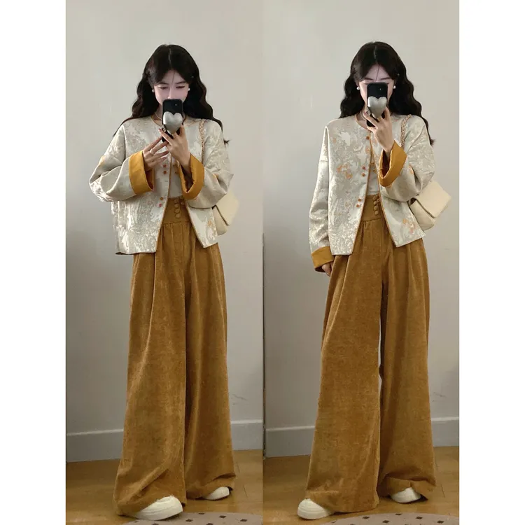 MO88ZSPF大码新中式轻国风复古套装两件套提花外套时尚高腰休闲裤