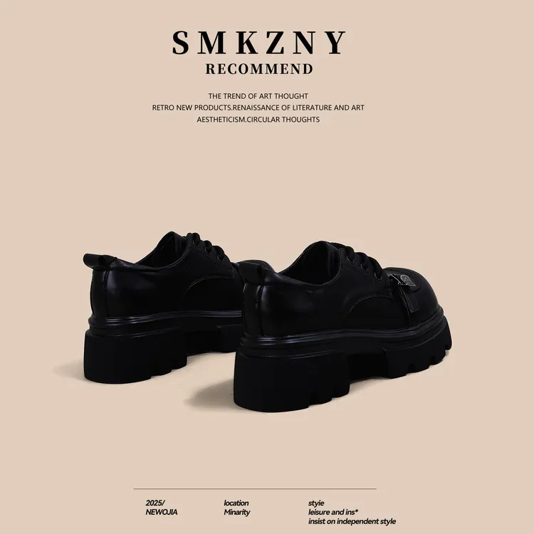 百搭小皮鞋2026春季新款英伦风厚底增高乐福鞋女系带圆头粗跟单鞋