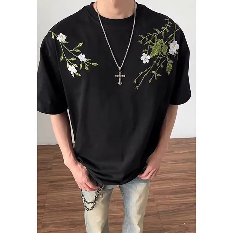 美式高街字母花卉刺绣短袖夏季情侣宽松休闲百搭半袖体恤通勤日常