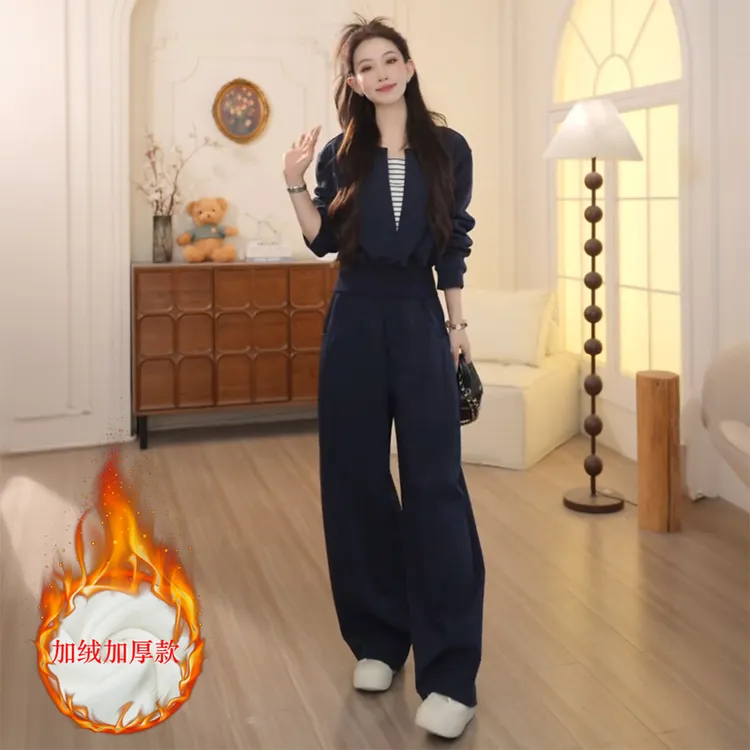 韩系时尚套装女装秋冬季加绒加厚网红小众气质洋气减龄显瘦两件套