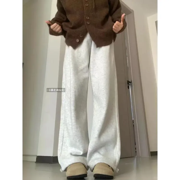 INS风显瘦高腰阔腿裤休闲裤时尚秋冬百搭拼接直筒加绒裤