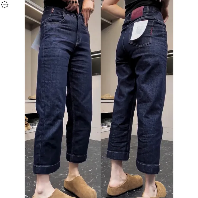 大码高腰深蓝色直筒牛仔裤女早秋新款胖mm宽松显瘦百搭窄版法棍裤