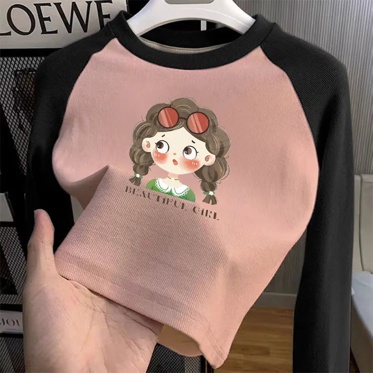 秋冬季德绒女童圆领打底衫休闲洋气印花卡通新款长袖T恤保暖上衣