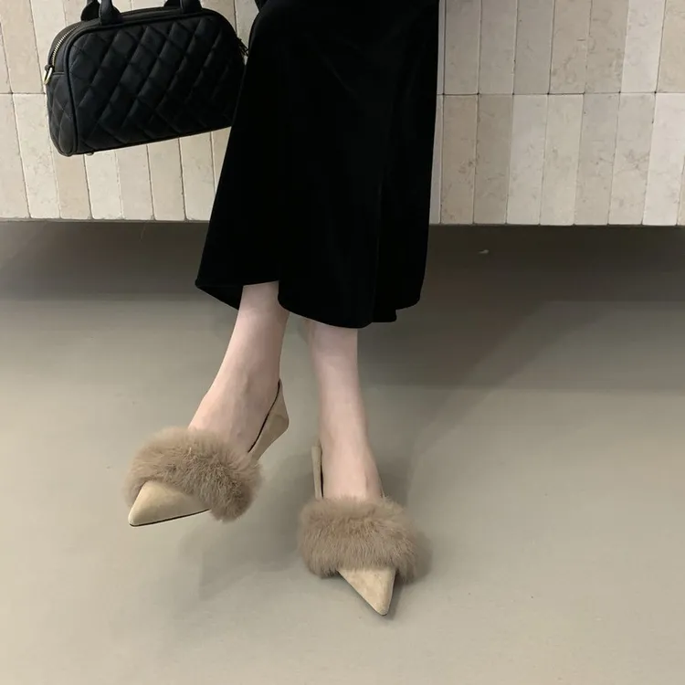 女鞋单鞋粗跟尖头秋冬加绒时尚百搭高跟平底细跟中跟方头