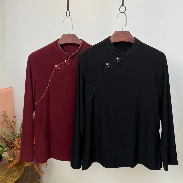 大码高弹力加绒打底衫【立领两个盘扣】