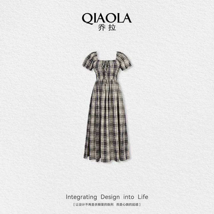 QIAOLA/乔拉【街角咖啡馆】夏新款梭织格纹显瘦百搭流行连衣裙预售