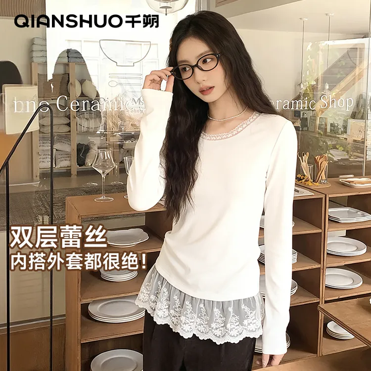 千朔韩系白色假两件蕾丝花边别致长袖秋冬新款设计感拼接内搭打底商品图